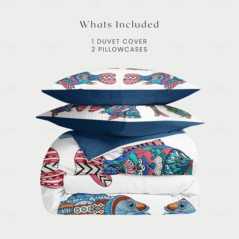 Comfy Fish Cartoon Printed Duvet Cover Set, Soft Microfiber Bedding, Fun Fish Design, Includes Duvet Cover and Pillowcases, Zipper Closure, Fade-Resistant, Machine Washable, Queen, King, Twin Sizes2