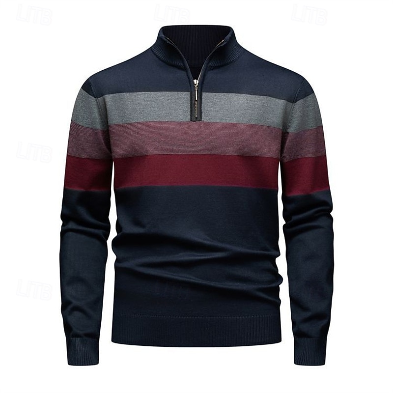 Men's Pullover Sweater Jumper Quarter Zip Sweaters Knit Sweater Ribbed Knit Regular Tops Knitted Color Block Half Zip Fashion Casual Vacation Daily Wear Clothing Apparel Fall & Winter Black Navy Blue2