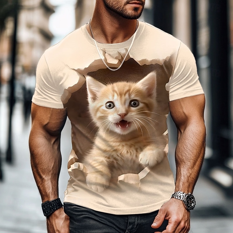 Men's Cat Funny T Shirt Short Sleeve T shirt 3D Print Crew Neck Shirt Exaggerated Designer Party Holiday Light Blue White Khaki Summer Spring Clothing Apparel S M L XL XXL XXXL