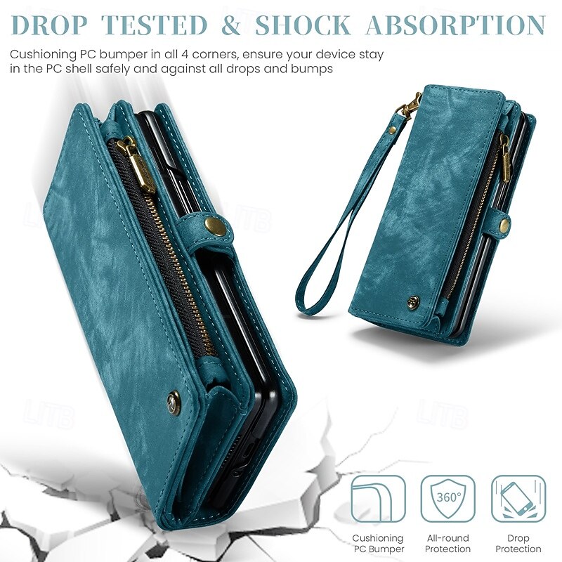 Phone Case For Samsung Galaxy Z Fold 6 Z Fold 5 Z Fold 4 Wallet Case with Stand Holder Zipper with Wrist Strap Retro TPU PU Leather4