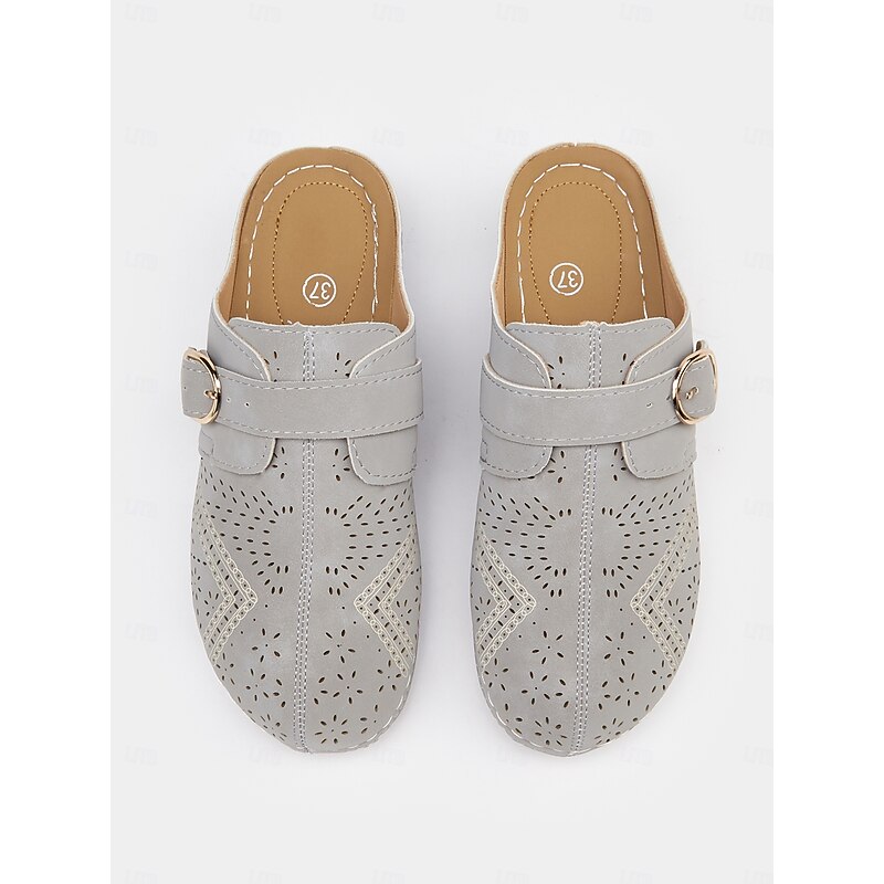 Women's Perforated Gray Faux Leather Wedge Mules - Comfortable Footwear for Casual Wear4