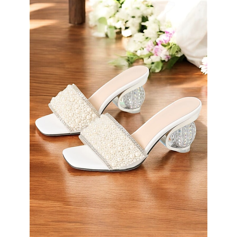 Pearl-Embellished Wedding Mules for Women – Open-Toe Bridal Heels with Transparent Artistic Block Heel Design4