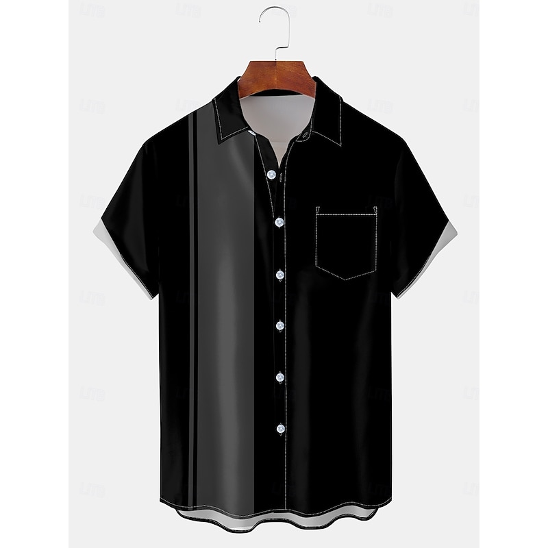 Men's Color Block Line Bowling Shirt Button Up Shirt Short Sleeves Artistic Casual Comfortable Outdoor Vacation Street Spring & Summer Shirt Collar Printing Black