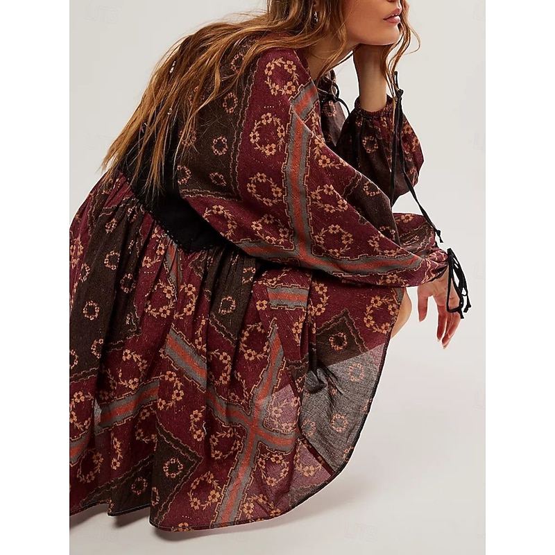 Women's Mini Dress Casual Dress Boho Dress Ethnic Casual Vacation Daily Regular Fit Floral Long Sleeve V Neck Wine Blue Green Spring Fall3