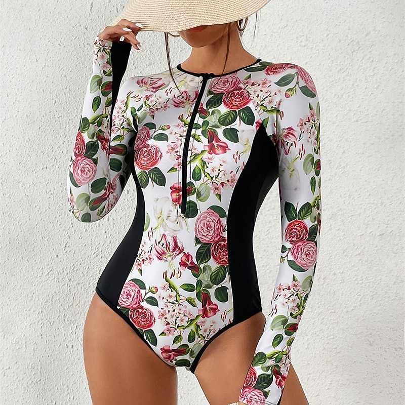 Women's Rash Guard One Piece Swimsuit Lightweight Sleeveless Bodysuit Bathing Suit Front Zip Swimming Surfing Beach Water Sports Floral Printed Summer Spring Autumn