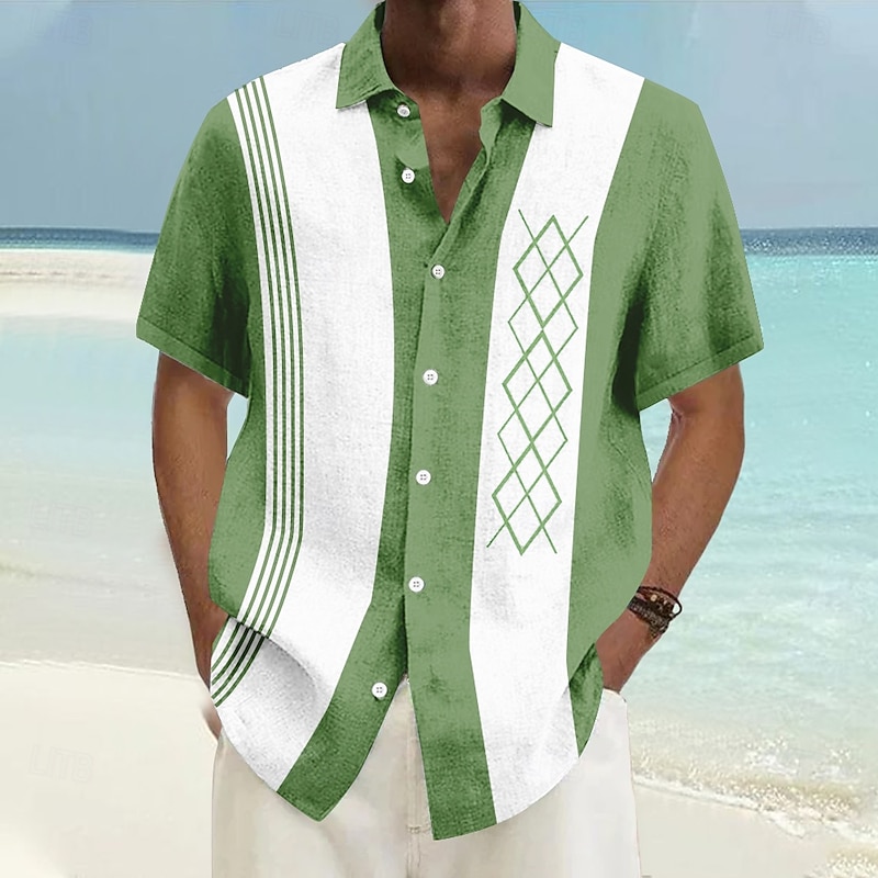 Men's Geometric Casual Shirt Bowling Shirt Button Up Shirt Short Sleeve Casual Vacation Casual Summer Spring Turndown Button Up Light Blue Yellow Green Dark Blue Gray4