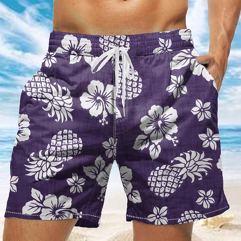 Men's Pineapple Tropical Flowers Swim Trunks Swim Shorts Board Shorts Mid Waist Tropical Streetwear Hawaiian Vacation Daily Holiday Drawstring Elastic Waist 3D Print Designer Clothing Apparel4