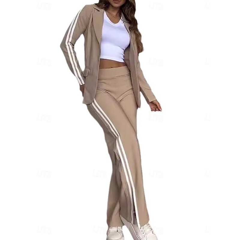 Women's Daily Blazer Wide Leg Pants Long Sleeve Shirt Collar Striped Patchwork Black White Khaki Spring &  Fall Regular Fit2