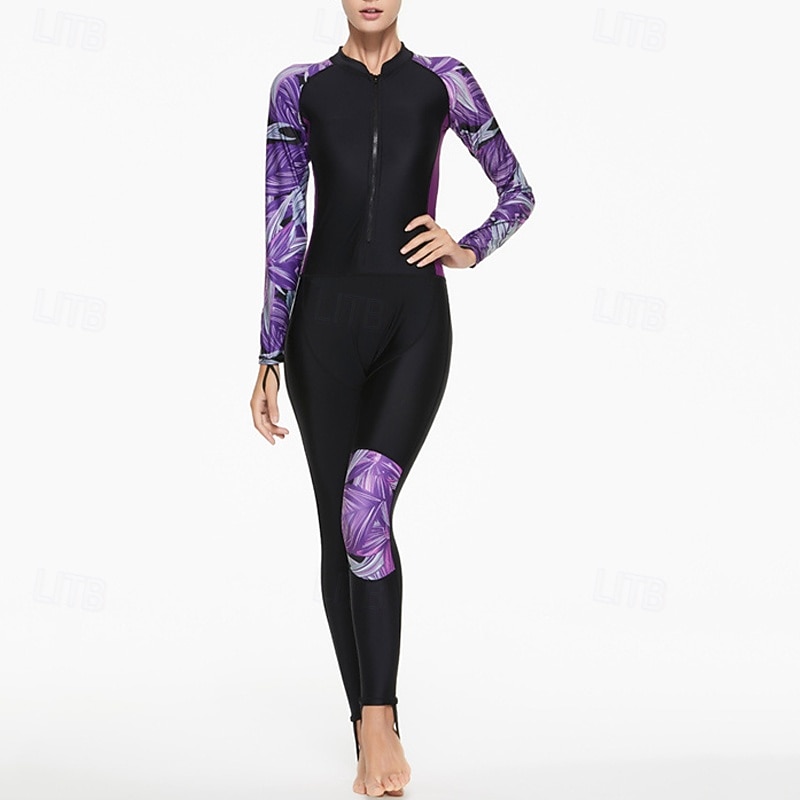 Women's Rash Guard One Piece Swimsuit Lightweight Long Sleeve Bodysuit Bathing Suit Removable Pad Front Zip Swimming Surfing Beach Water Sports Floral Patchwork Printed Summer Spring Autumn2