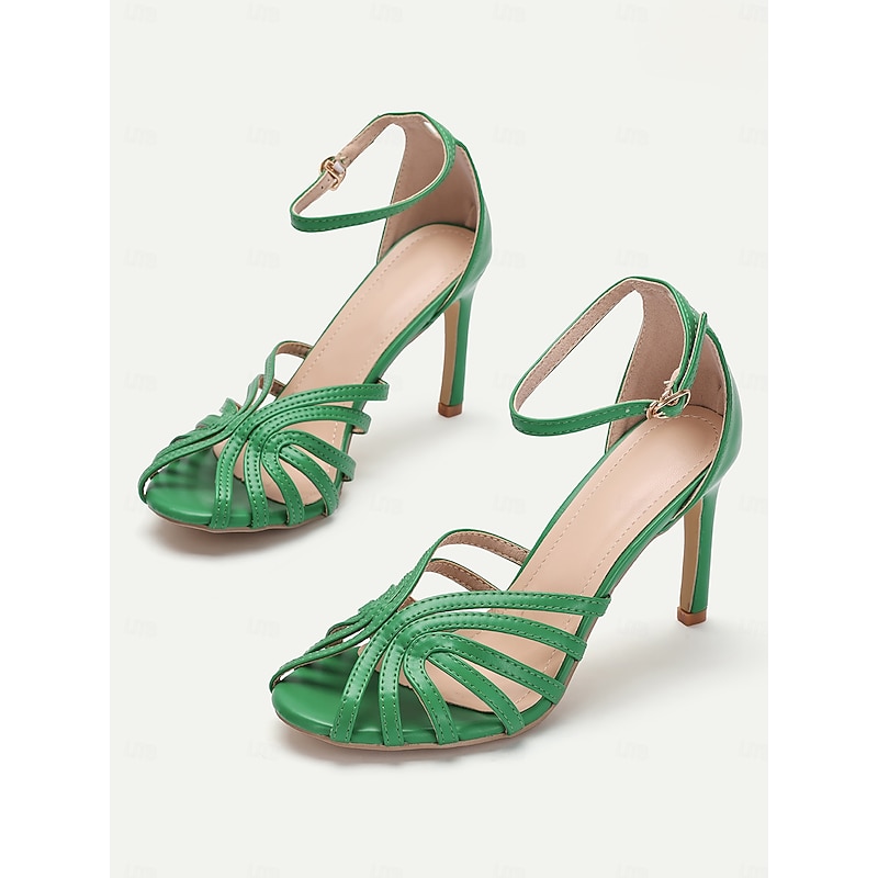 Women's Green Strappy Stiletto Sandals with Ankle Strap, Elegant Open-Toe High Heels for Parties, Weddings, and Formal Events