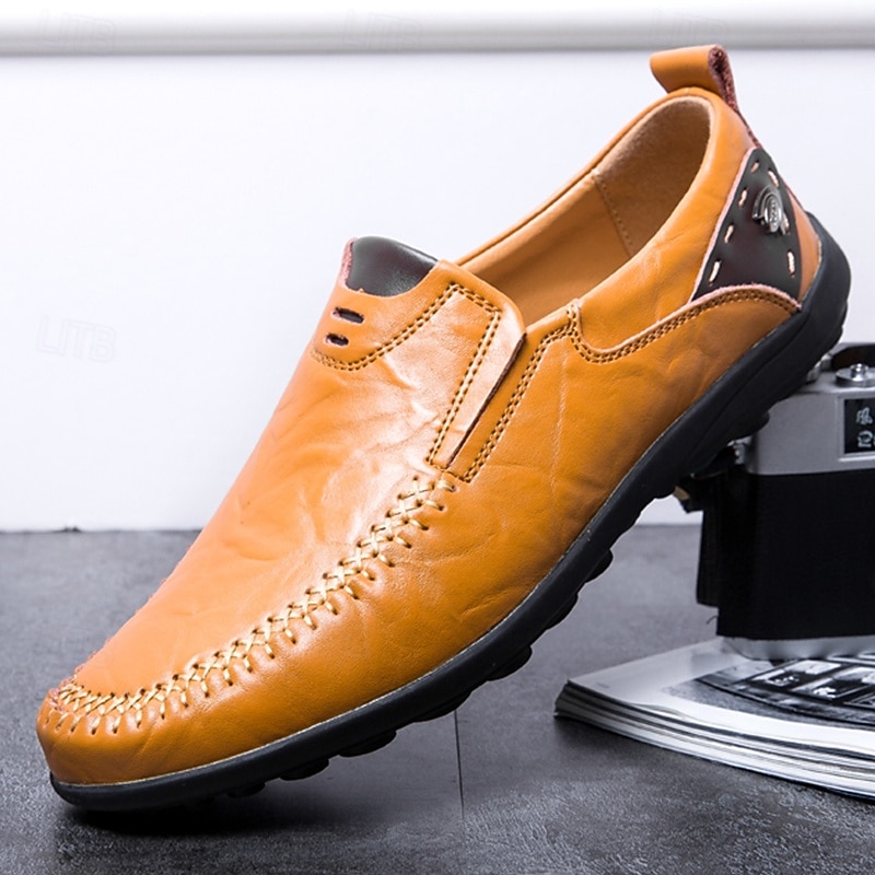 Men's Tan Faux Leather Slip-On Loafers with Hand-Stitched Detailing – Comfortable Casual Shoes for Work, Travel, and Everyday Wear