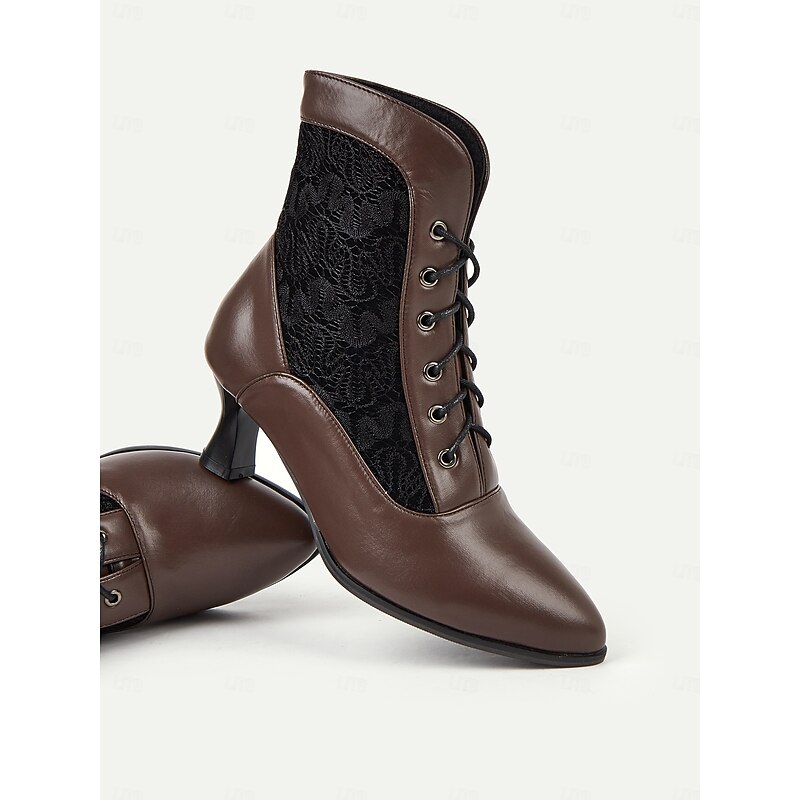 Women's Black Victorian Lace-Up Ankle Boots with Lace Panel and Kitten Heels - Elegant Vintage Style for Formal and Casual Occasions3