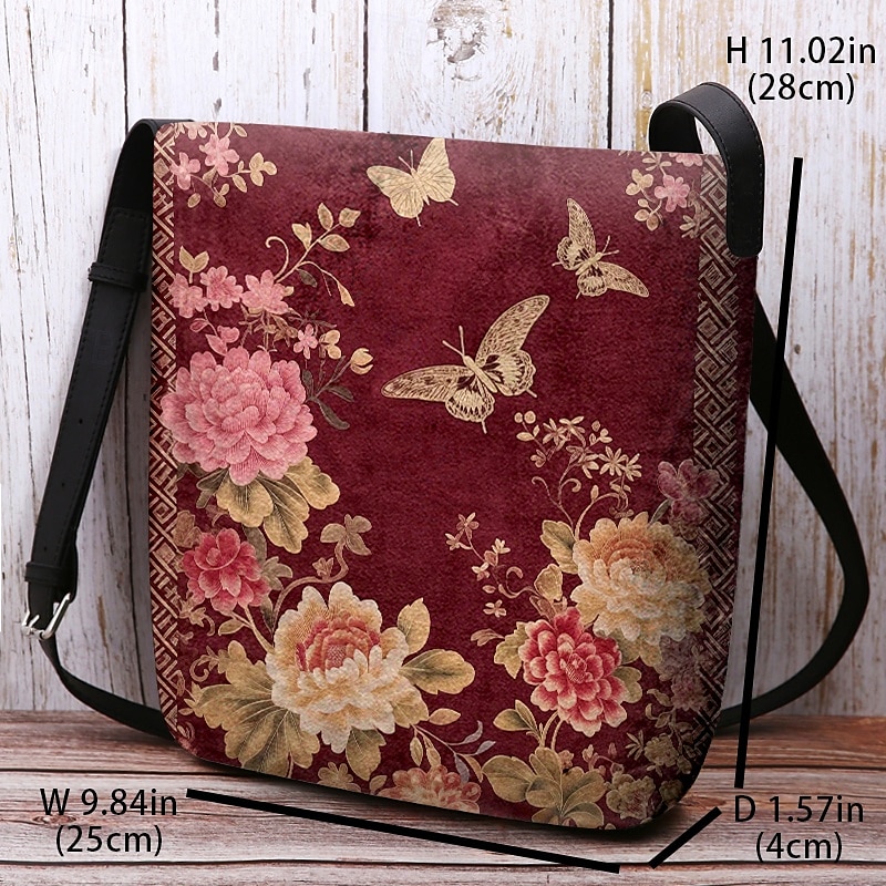 Vintage Floral Crossbody Bag with Butterfly Print, Lightweight Shoulder Bag for Women, Casual and Travel Use Red Purple Green3