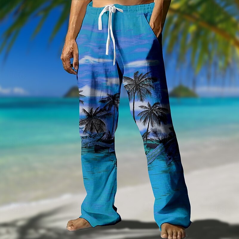 Men's Coconut Tree Scenery Trousers Casual Pants Mid Waist Drawstring Elastic Waist Hawaiian Outdoor Vacation Holiday Straight Leg Trousers Summer Spring Fall 3D Print Red Blue Orange2