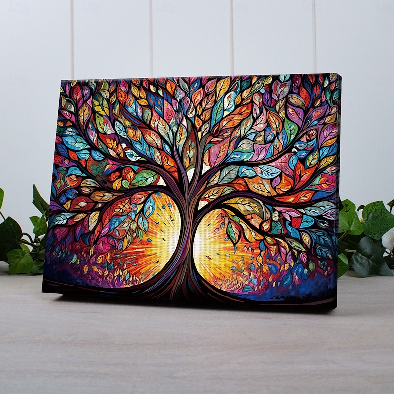 Tree of Life LED Canvas Wall Art Stained Glass Printing LED Lighted Up Wall Decor 2AA Battery Operated Lighted Canvas Print LED Light Kitchen Bedroom or Home Decor