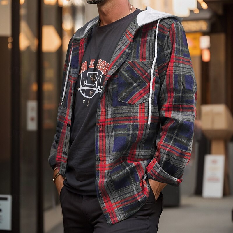 Men's Shirt Flannel Shirt Overshirt Christmas Shirt Plaid Outdoor Street Black Green Coffee Long Sleeve Hooded Winter Spring &  Fall Clothing Apparel