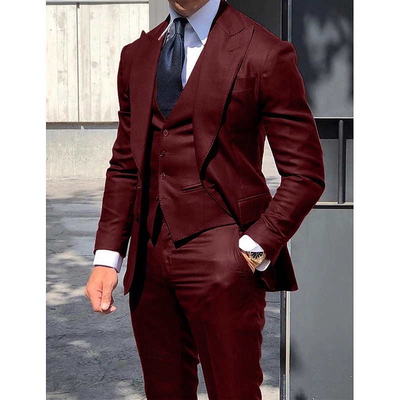 Men's Wedding Party Suits Peak Burgundy Royal Blue Solid Colored Tailored Fit 3 Piece Single Breasted One-button