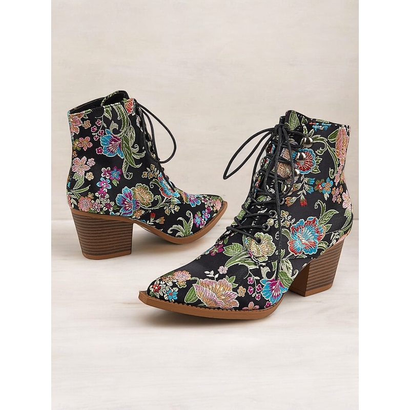 Women's Floral Embroidered Lace-Up Ankle Boots - Vibrant Pink Satin with Chunky Heel for Casual, Party, or Boho-Chic Outfits3