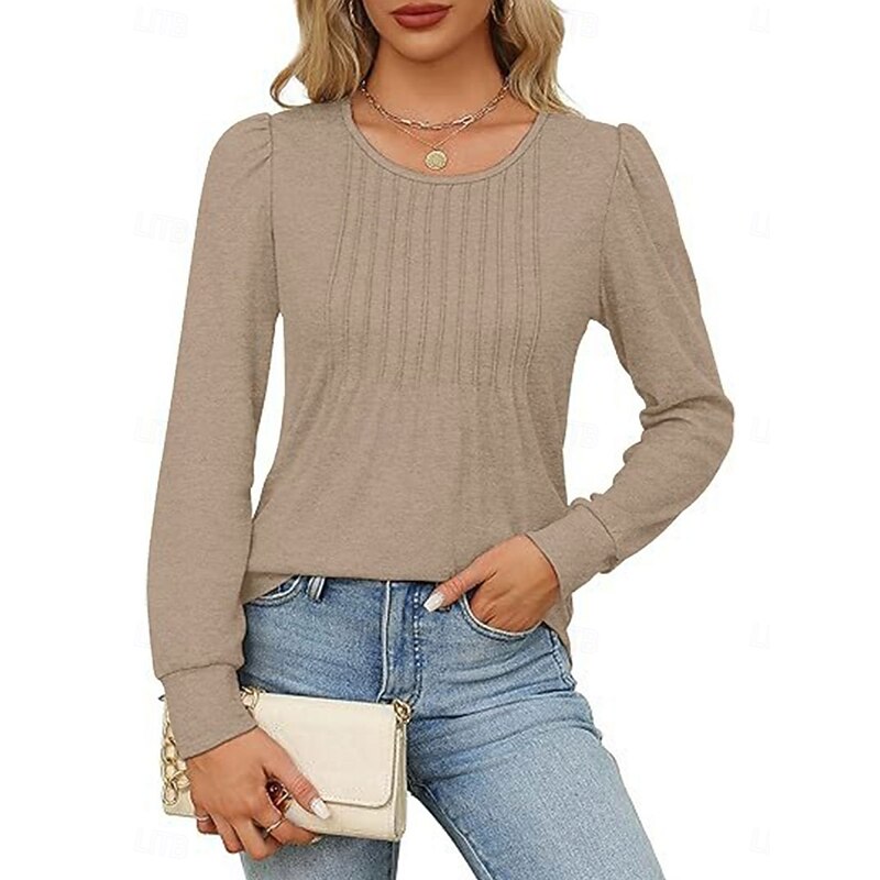 Women's Shirt Blouse Solid Color Basic Casual Long Sleeve Crew Neck Regular Tops Daily Ruched Black White Pink Wine Blue Summer Spring4