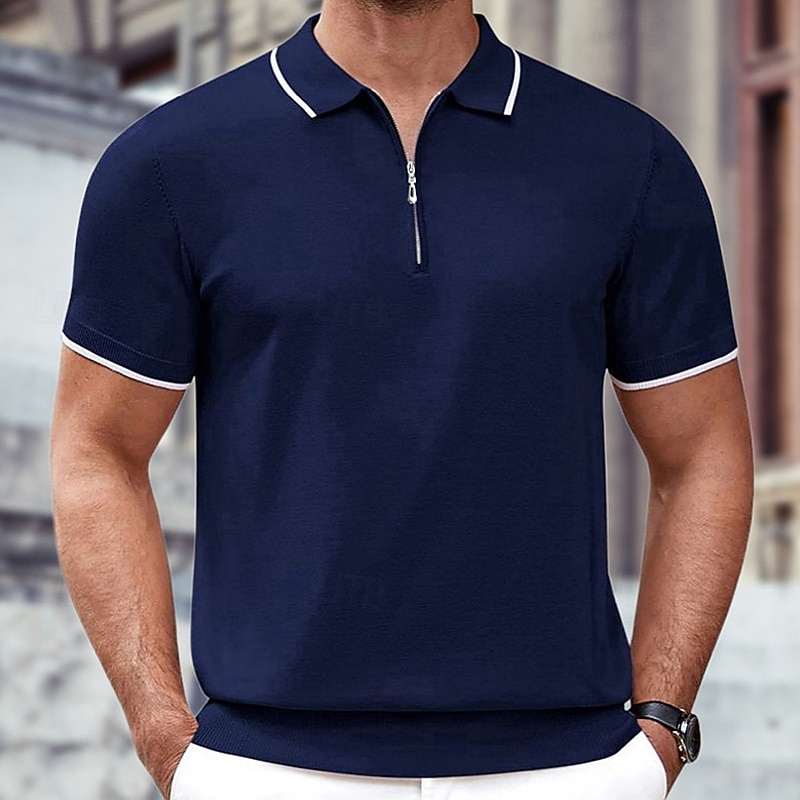 Men's Quarter Zip Polo Golf Shirt Casual Sports Lapel Short Sleeve Fashion Basic Color Block Patchwork Quarter Zip Summer Black Navy Blue Green Quarter Zip Polo