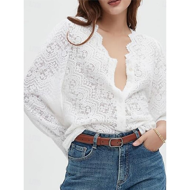 Women's White Elegant Lace Tops Eyelet Blouse Casual Solid Color Regular Tops Long Sleeve V Neck Lace Patchwork Regular Fit Daily Romantic Petite Tops Summer Holiday Wear Black White Beige3