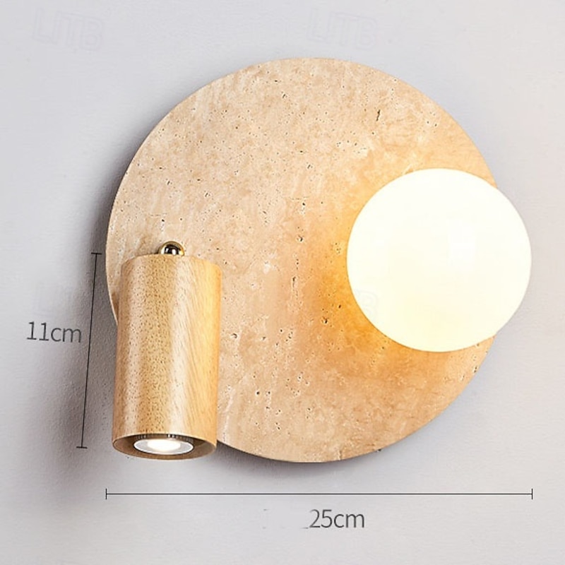 Modern Yellow Travertine Wall Sconce Rotatable Wood Wall Lamp with Milk White Glass Shade Wabi Sabi Round Indoor Wall Sconces Adjustable Bedside Reading Light for Bedroom 110-240V 10W4