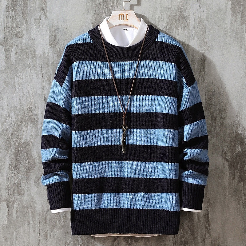 Men's Pullover Sweater Jumper Knit Sweater Ribbed Knit Regular Tops Knitted Stripe Crew Neck Fashion Basic Vacation Daily Wear Clothing Apparel Fall & Winter White Blue M L XL3