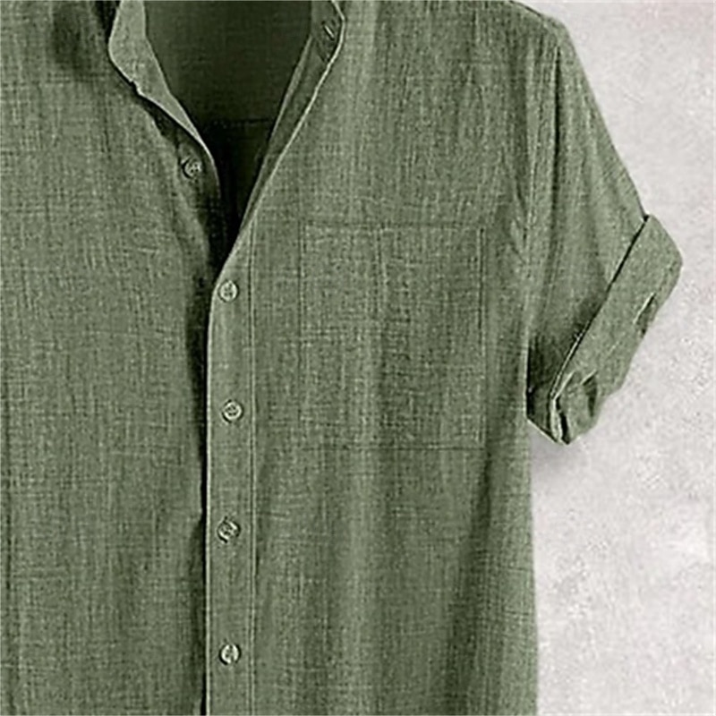 Men's Linen Shirt Band Collar Shirt Casual Shirt Plain Vacation Holiday Black White Yellow Pink Short Sleeve Band Collar Spring & Summer Clothing Apparel Front Pocket3