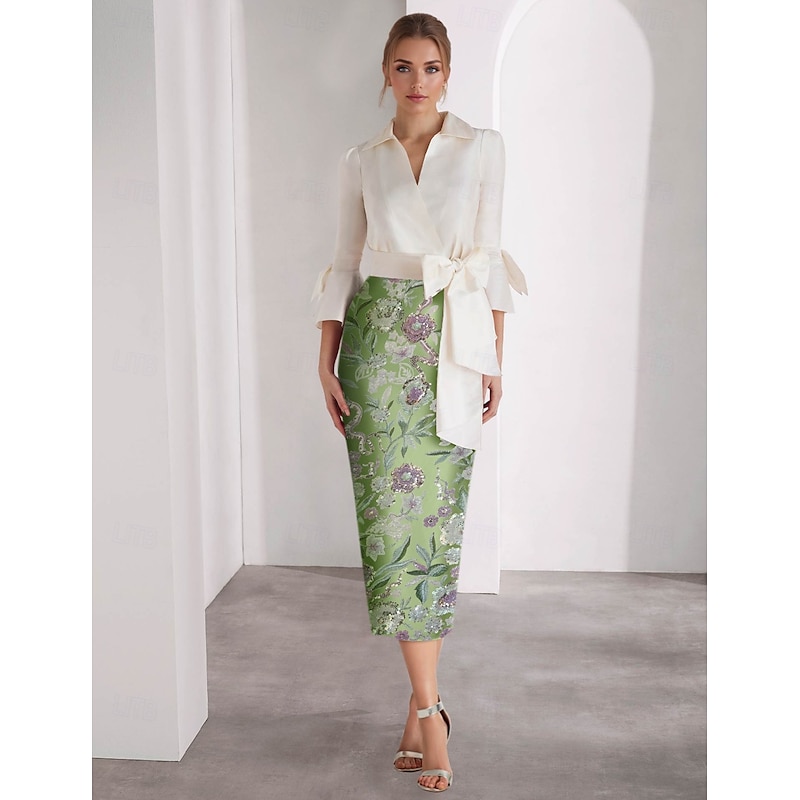 Sheath / Column Cocktail Dresses Beach Wedding Elegant Dress Formal Valentine's Day Ankle Length Long Sleeve Shirt Collar Belt / Sash Satin with Glitter Bow(s) Slit