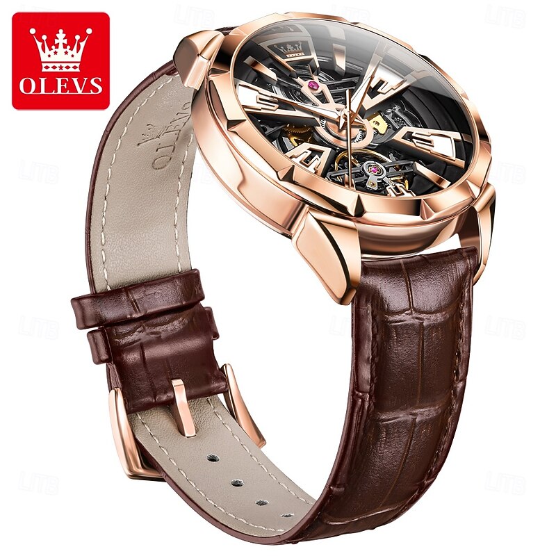 OLEVS Men Mechanical Watch Creative Outdoor Sports Fashion Hollow Skeleton Automatic Self-winding Luminous Waterproof Leather Watch2