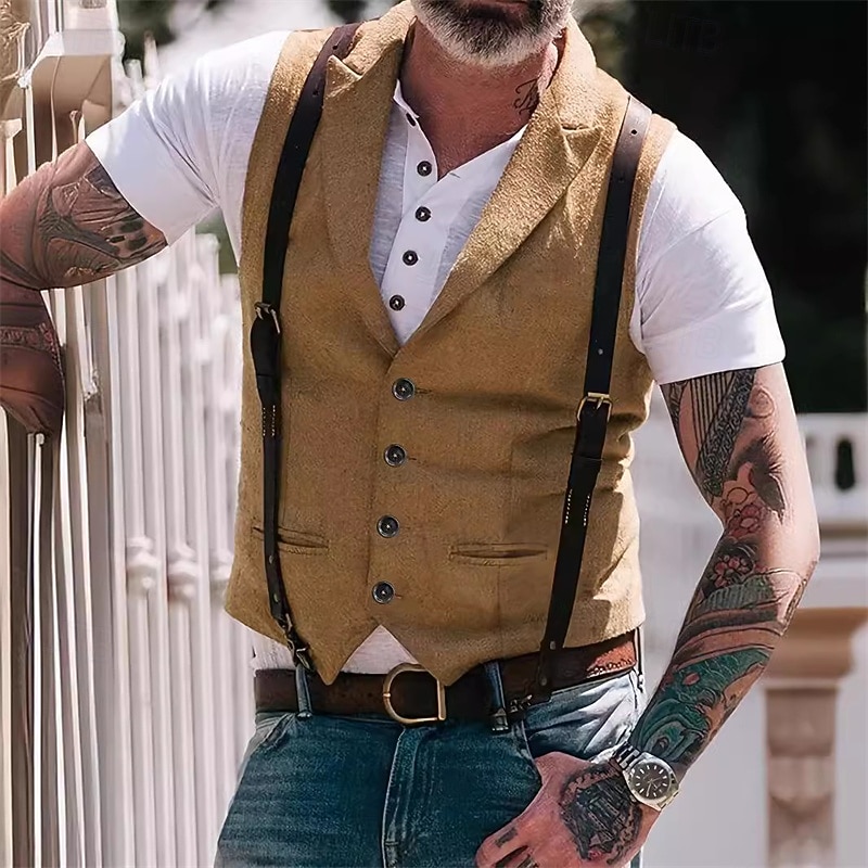 Men's Vest Gilet Vacation Daily Date Fashion Casual Spring &  Fall Buttons Pocket Polyester Comfortable Plain Single Breasted One-button Lapel Regular Fit Khaki Vest