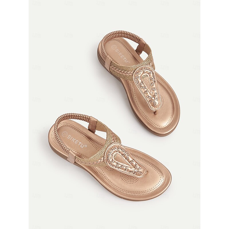 Women's Rhinestone T-Strap Sandals with Braided Detailing, Comfortable Flat Summer Shoes for Casual and Beach Wear4