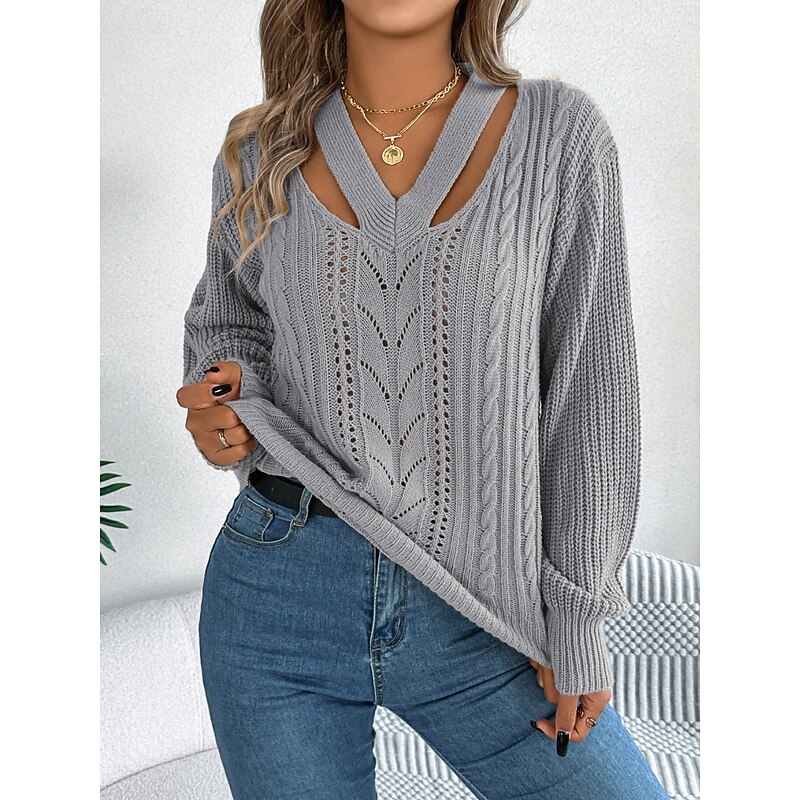 Women's Sweater Casual Soft Pure Color Ribbed V Neck Knitted Hole Long Sleeve Regular Tops Knit Outdoor Daily Weekend White Orange Fall Winter