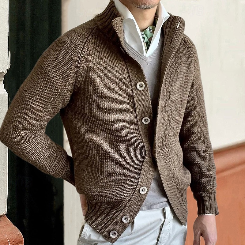 Men's Cardigan Sweater Cardigan Cropped  Sweater Ribbed Knit Regular Buttons Solid Color Stand Collar Fashion Classic Vacation Daily Wear Clothing Apparel Fall & Winter Black khaki M L XL2