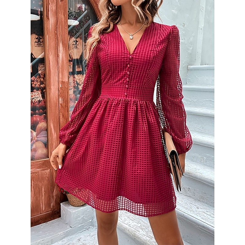 Women's Plaid V Neck Mini Dress Long Sleeve Summer Spring