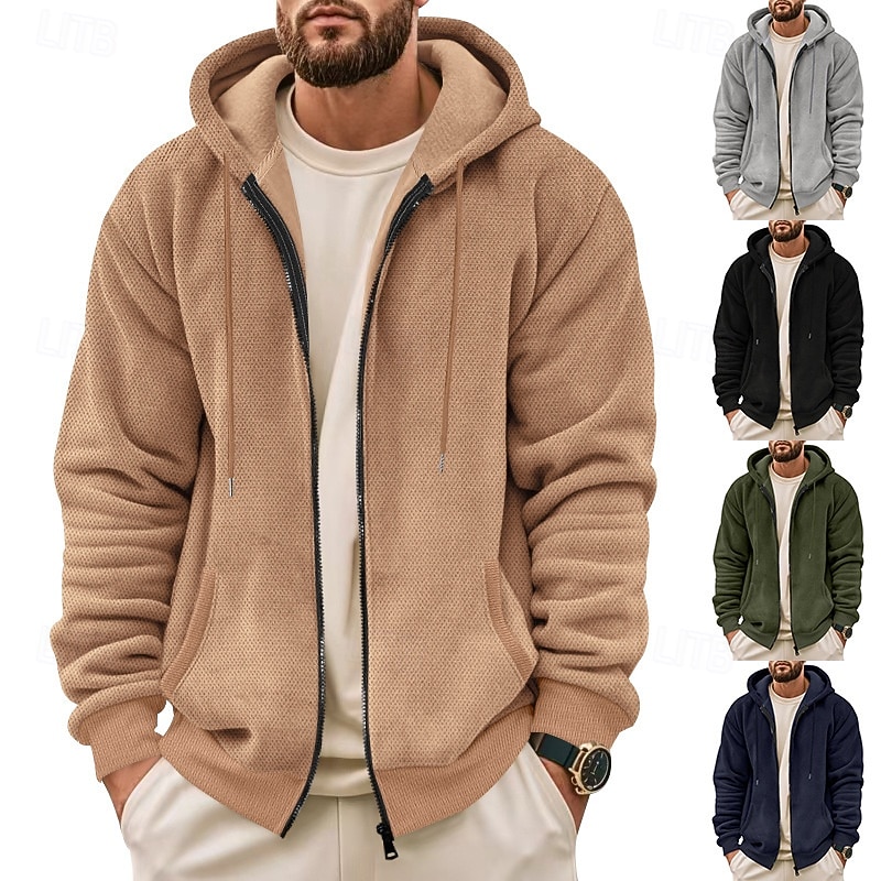 Men's Waffle Hoodies Zip Up Hoodie Hoodie Fleece Hoodie Black Army Green Navy Blue Khaki Gray Hooded Plain Pocket Sports & Outdoor Daily Holiday Streetwear Basic Casual Fall & Winter Clothing Apparel