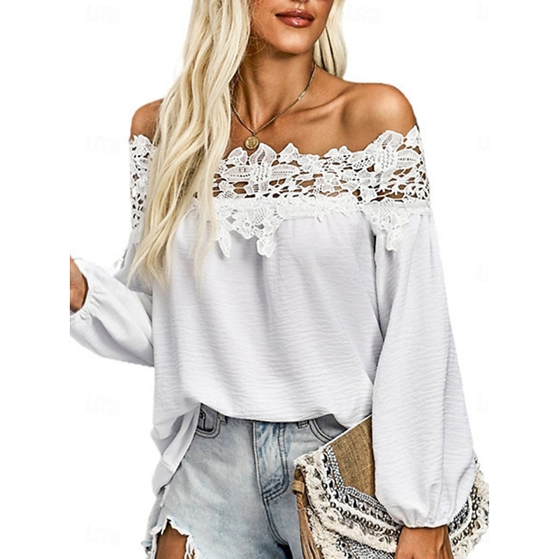 Women's White Elegant Lace Tops Eyelet Sexy Blouse Casual Solid Color Regular Tops Long Sleeve Off Shoulder Lace Backless Patchwork Regular Fit Daily Romantic Petite Tops Summer Holiday Wear Black3