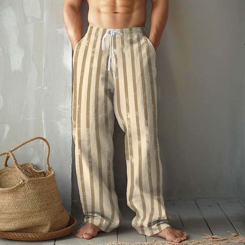 Men's Striped Geometric Pattern Trousers Casual Pants Mid Waist Drawstring Elastic Waist Vintage Retro Outdoor Vacation Holiday Straight Leg Trousers Summer Spring Fall 3D Print Blue Sky Blue khaki3