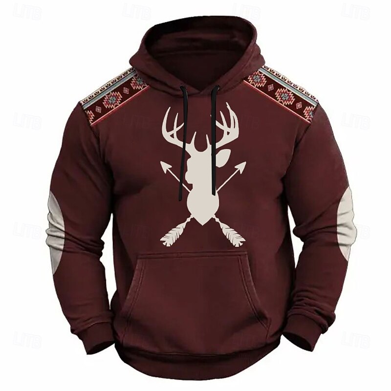Men's Cowboy Hoodies Sweatshirt Ethnic Cowboy Long Sleeve Crew Neck Holiday Streetwear Red Drawstring Fall Winter Designer