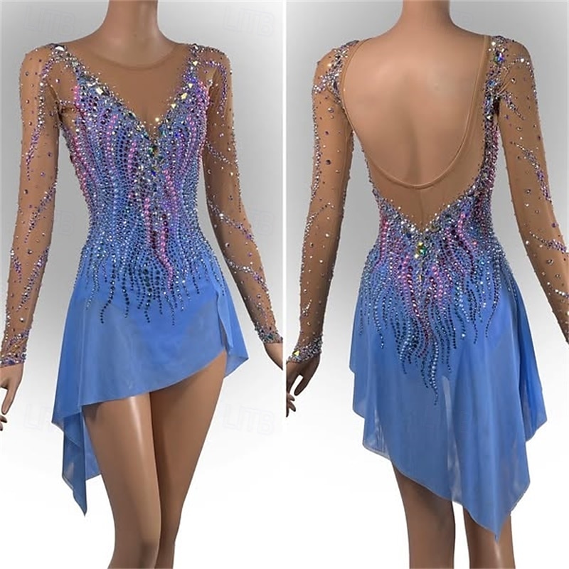 Figure Skating Dress Women's Girls' Ice Skating Dress Sky Blue Open Back Mesh Spandex High Elasticity Training Competition Skating Wear Classic Crystal / Rhinestone Long Sleeve Ice Skating Figure