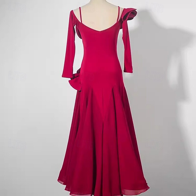 Ballroom Dance Dress Pure Color Splicing Women's Performance Party Long Sleeve Chiffon Crystal Cotton2