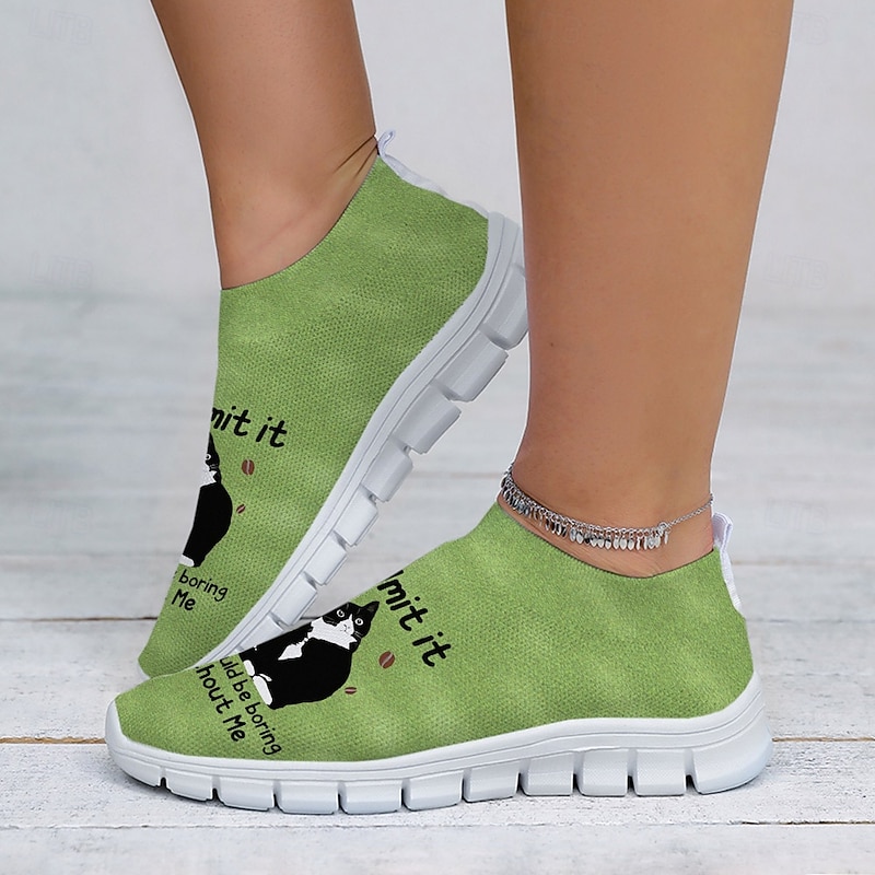 Women's Green Slip-On Sneakers with Funny Cat Printed, Perfect for Everyday Wear2