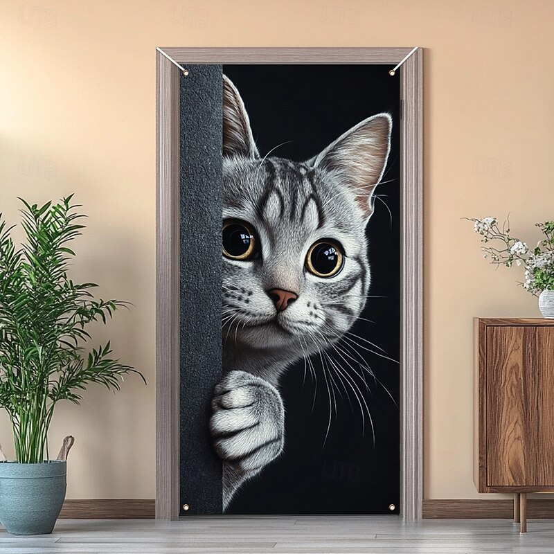 Cute Cats Door Decorations Door Covers Animal Hide and Seek Door Tapestry Door Curtain Decoration Backdrop Indoor/Outdoor Door Banner for Front Door Farmhouse Peekaboo4