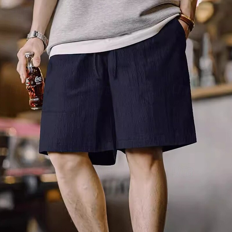 Men's Shorts Linen Shorts Summer Shorts Beach Shorts Drawstring Elastic Waist Plain Comfort Breathable Knee Length Home Daily Gym Casual Athleisure Black White3