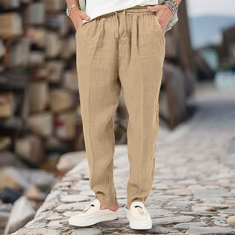 Men's Linen Pants Trousers Summer Pants Drawstring Elastic Waist Straight Leg Plain Comfort Breathable Full Length Casual Daily Holiday Classic Style Retro Vintage Black White2