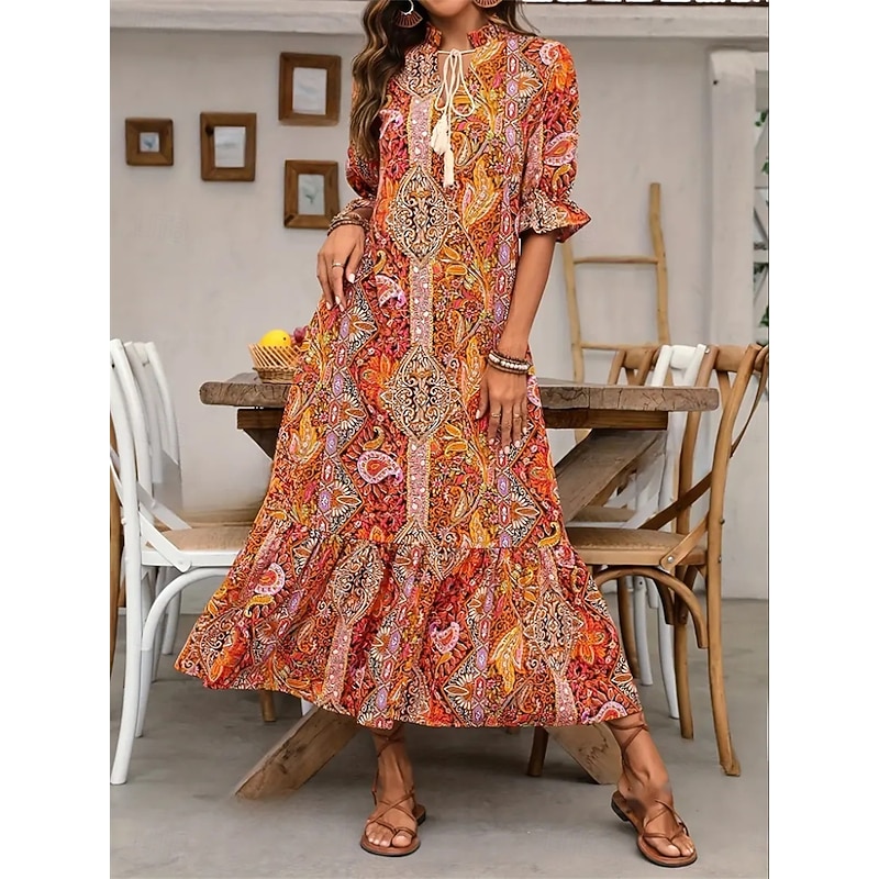 Women's Maxi Dress Casual Dress Boho Dress Cute Stylish Casual Vacation Daily Loose Fit Graphic 3/4 Length Sleeve V Neck Red Blue Orange Summer Spring Fall2