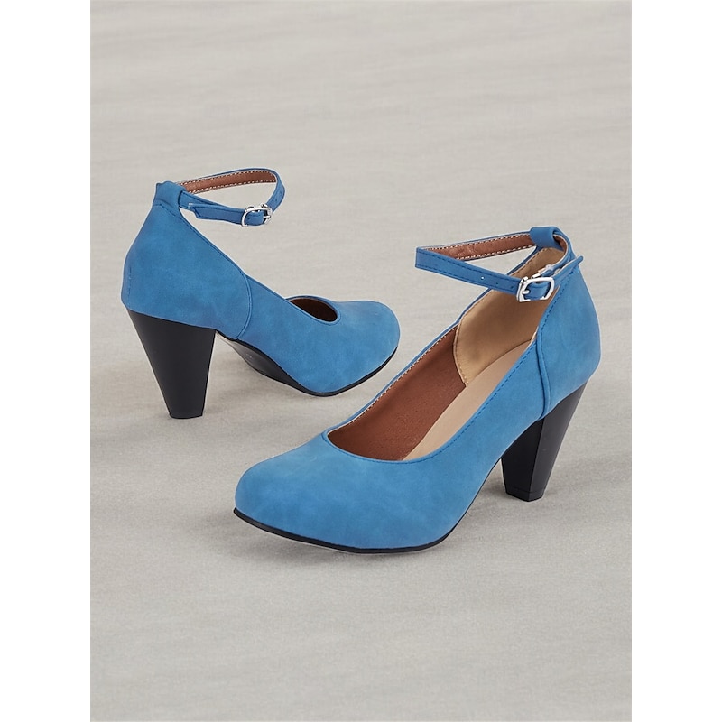 Women's Elegant Blue Suede Ankle Strap Pumps with Block Heel - Perfect for Weddings and Special Occasions