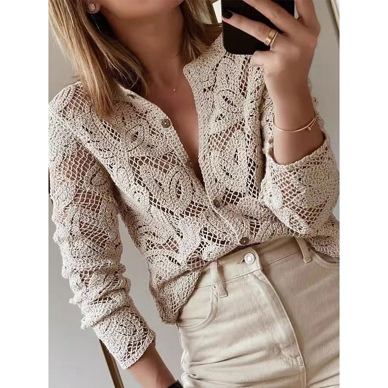 Women's Blouse Solid Color Basic Casual Long Sleeve Crew Neck Regular Tops Daily Hollow Out Buttons Khaki Fall Winter