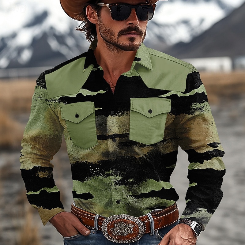 Men's Color Block Marble Western Shirt Cowboy Shirt Long Sleeve Western Casual Causal Spring Fall Turndown 2 Pockets Yellow Blue Green2
