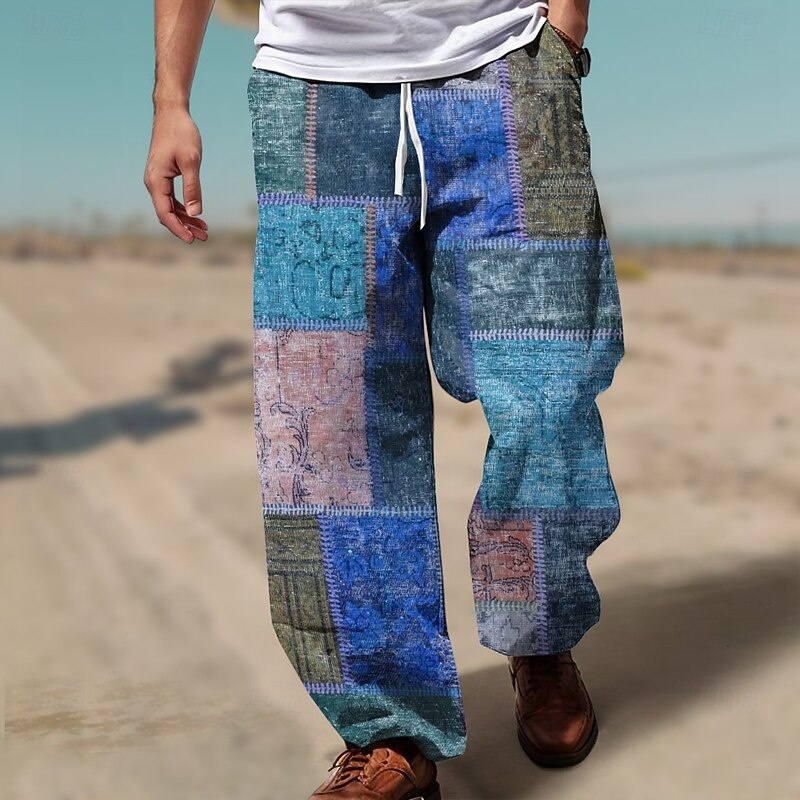Men's Color Block Patchwork Mid Waist Hawaiian Casual Outdoor Casual Holiday Straight Leg Trousers Summer Spring 3D Print Pink Red Blue3